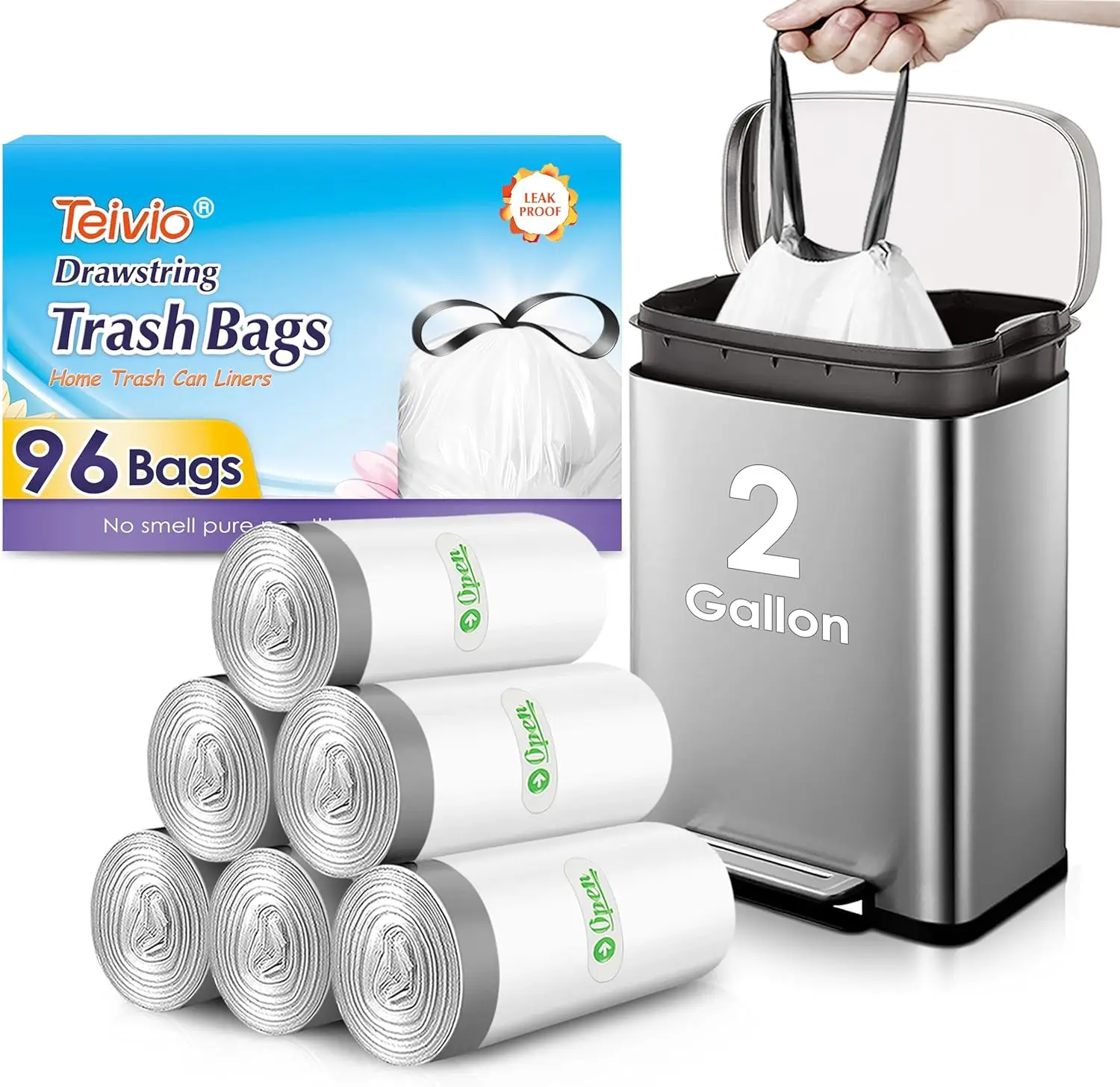 

2 Gallon 96pcs Strong Drawstring Trash Bags, Bathroom Kitchen Office Garbage Liners, White