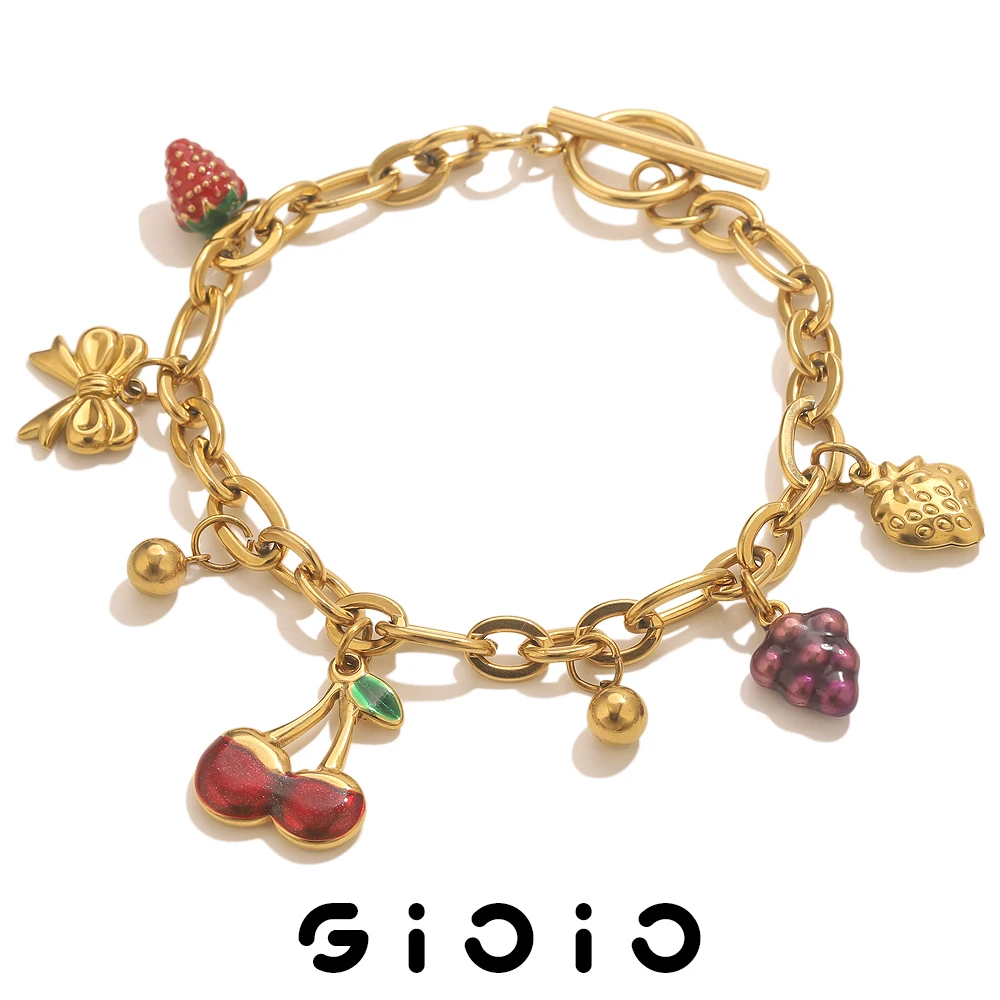 

GIOIO Fruit Style Cherry Grape Strawberry Bracelet Pendant Stainless Steel Bracelets Woman Jewelry Daily Fashion браслет