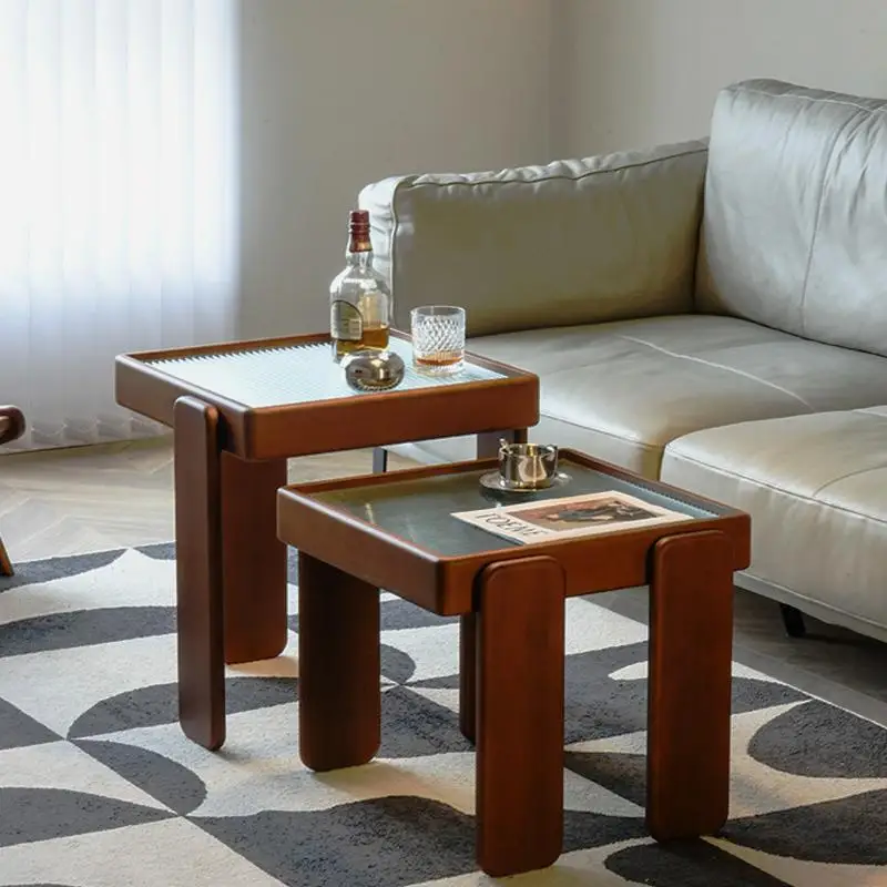 Japanese-style child and mother coffee table combination, solid wood Changhong glass edge table,  living room sofa corner table