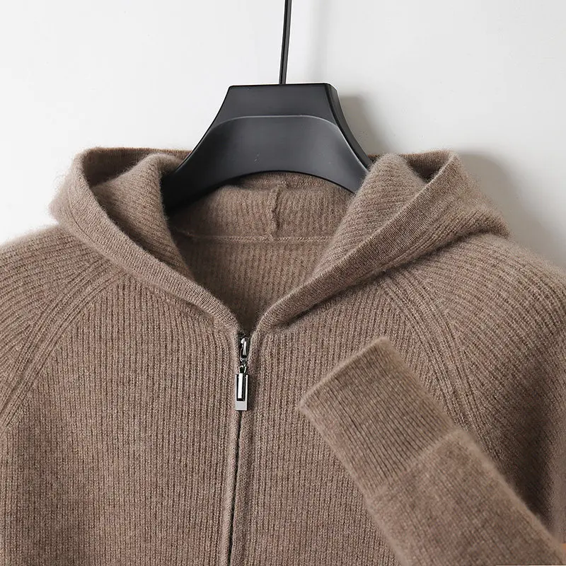 Autumn and winter new 100% pure cashmere zipper cardigan thickened hoodie sweater loose large size wool knitted jacket
