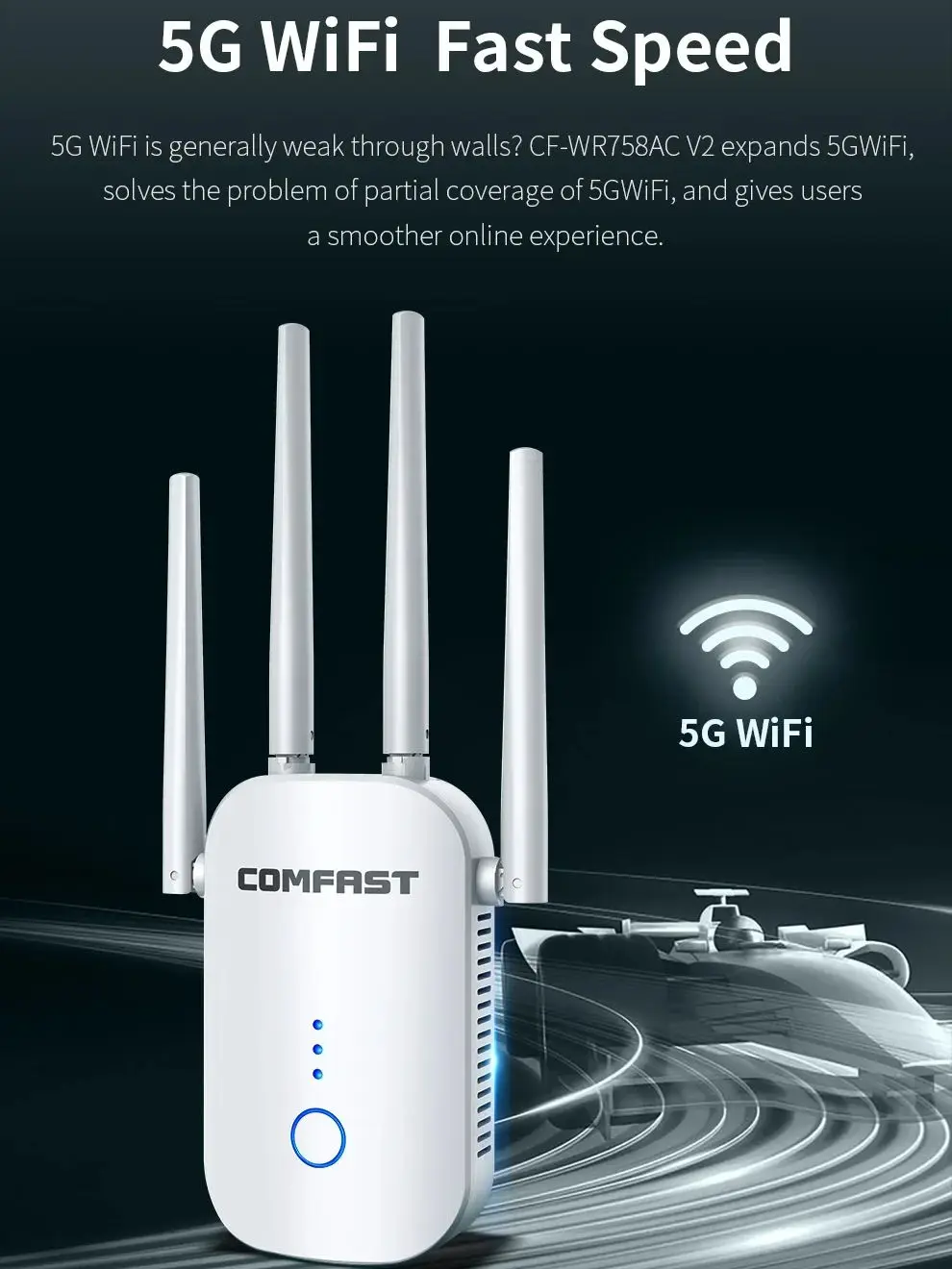 COMFAST 1200Mbps WiFi Repeater 2.4G/5.8G Wireless Range Extender Router 4 Omnidirectional Antenna WiFi Coverage CF-WR758ACV2