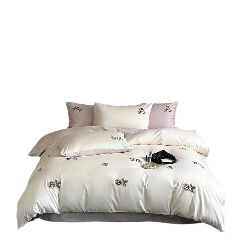 

100 cotton long-staple cotton polished four-piece set, pure cotton quilt cover, towel embroidered soft naked bedding