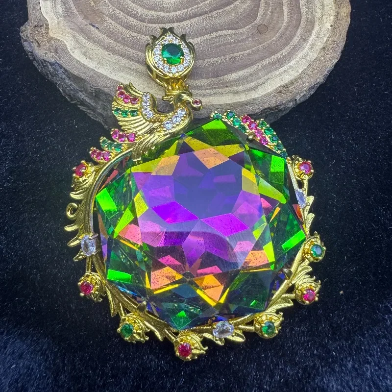 Phoenix‑Motif Pendant, Gold‑Tone Inlaid Multicolor Crystal, Ornate Collectible Luxury Women Fashion Neck Jewelry