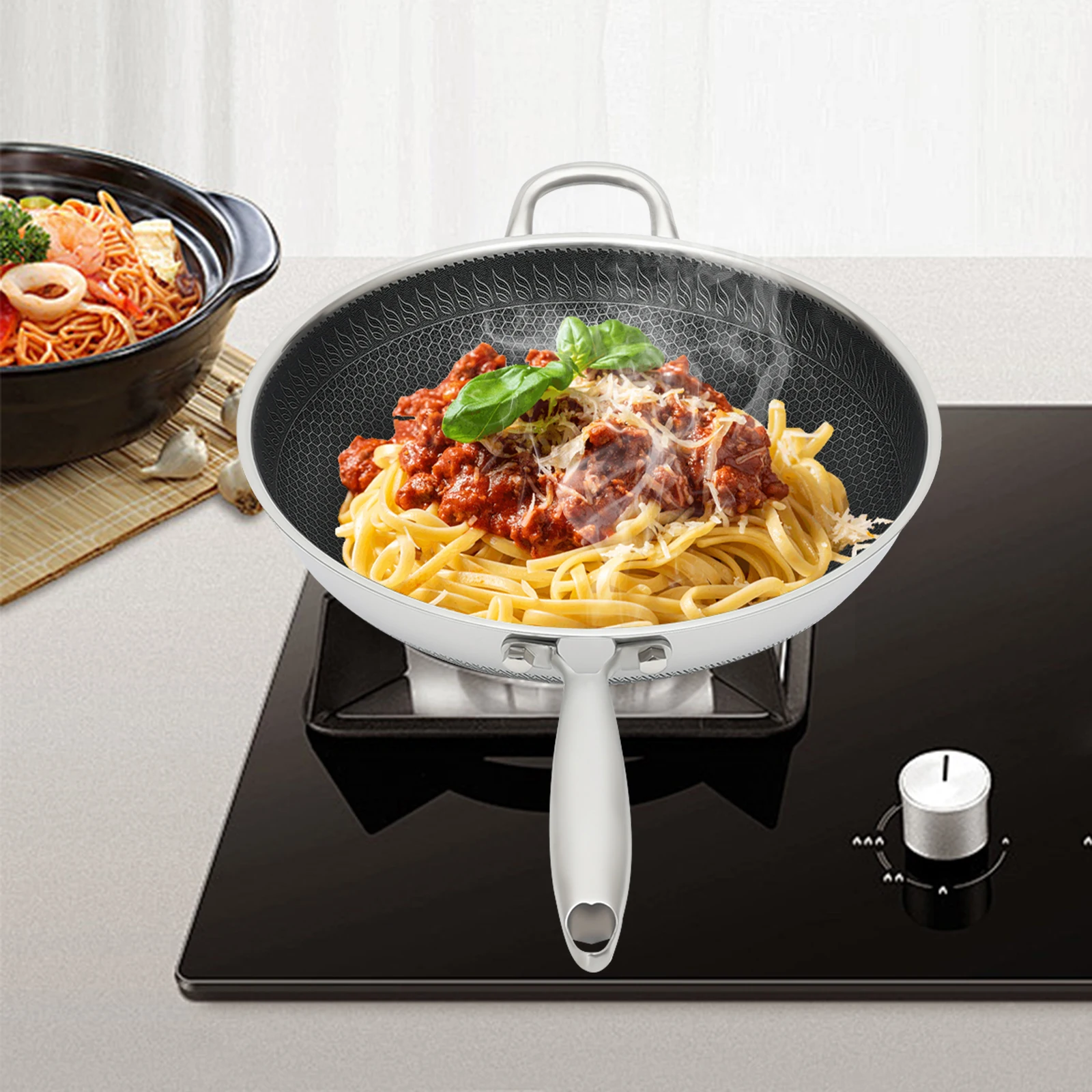 مقلاة من الفولاذ المقاوم للصدأ، وعاء من الفولاذ المقاوم للصدأ مع غطاء، مقلاة للاستخدام المنزلي، لمواقد الغاز، المواقد التعريفي، مواقد السيراميك