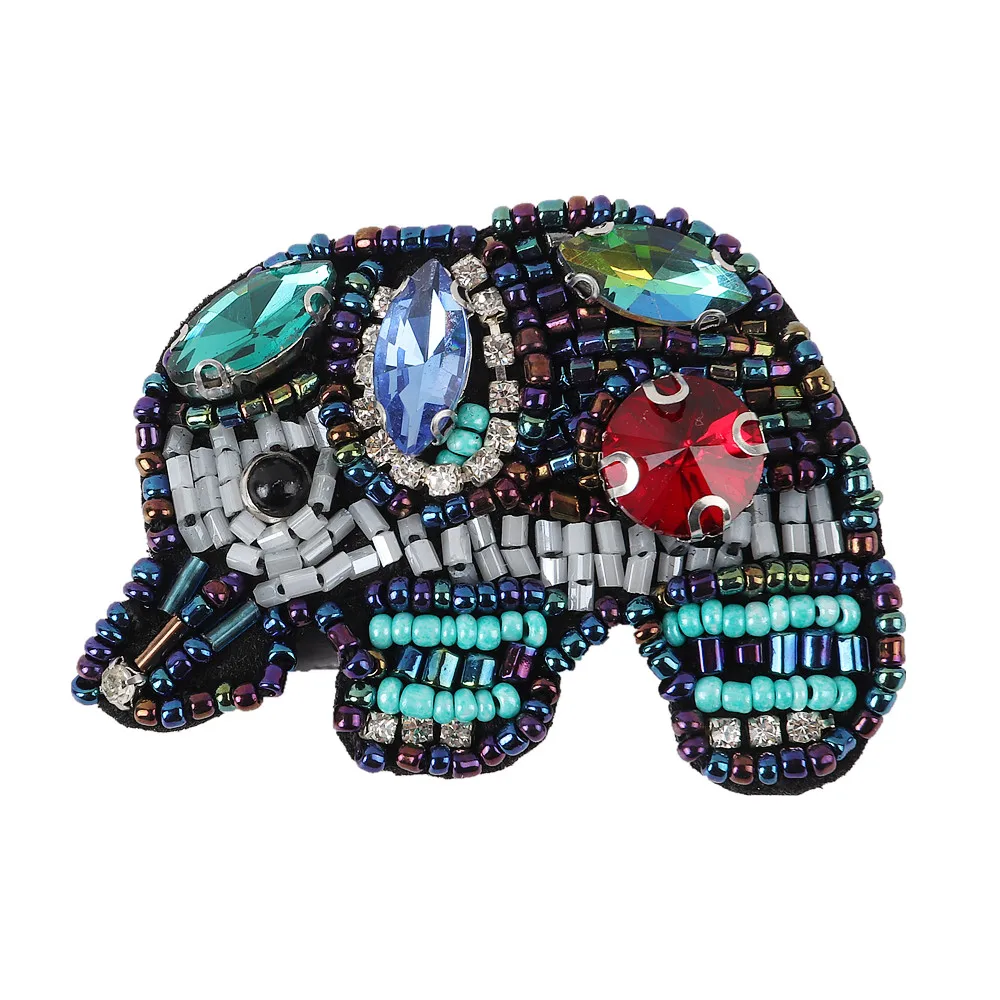 Handmade Cute Patches Rhinestone Beaded Elephant Brooches For Women Vintage Crystal Beads Applique Patch For Clothes Brooch Pins