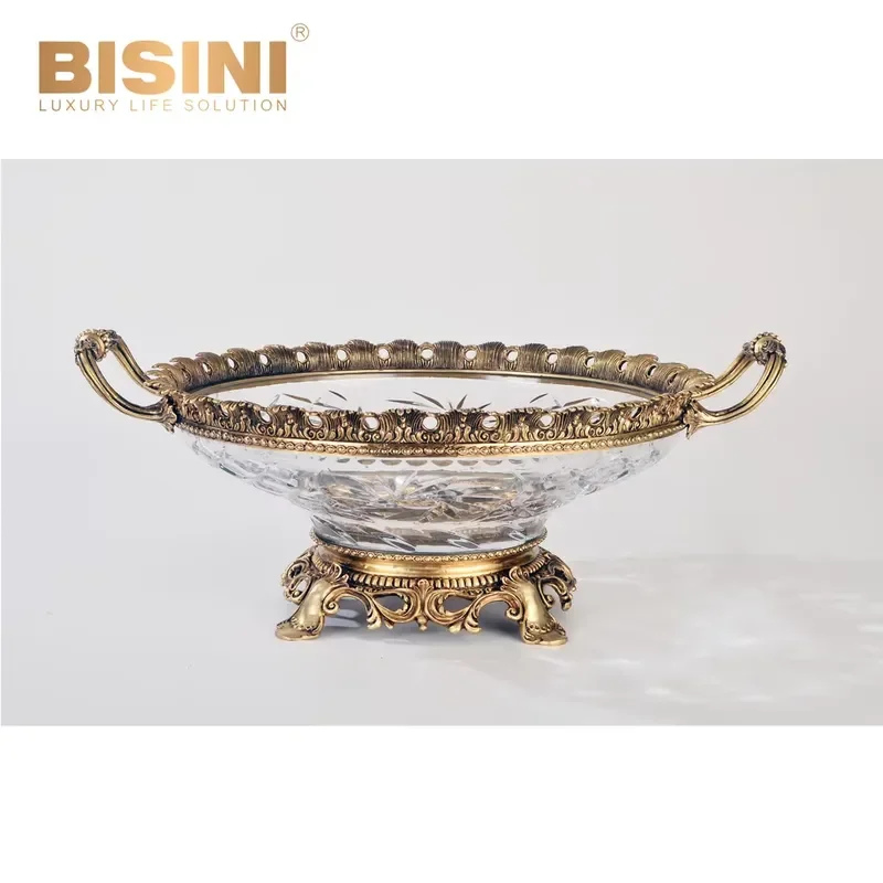 Italian Crystal With Copper Wave Round Candy Bowl Brass With Crystal Compote Fruit Bowl
