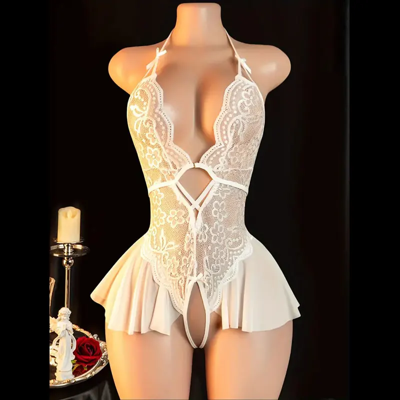 Transparent Porno Lace Underwear Neck-hanging Bra One-piece Thong Set Woman Intimate Sexy Lingerie Erotic Sleepwear Night Dress image 4