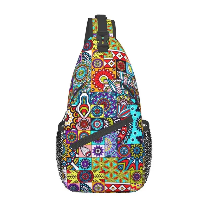 Saco de peito de estilinete floral geométrico, estilinete étnico africano, padrões de Ancara, mochila de ombro crossbody para homens, mochila itinerante