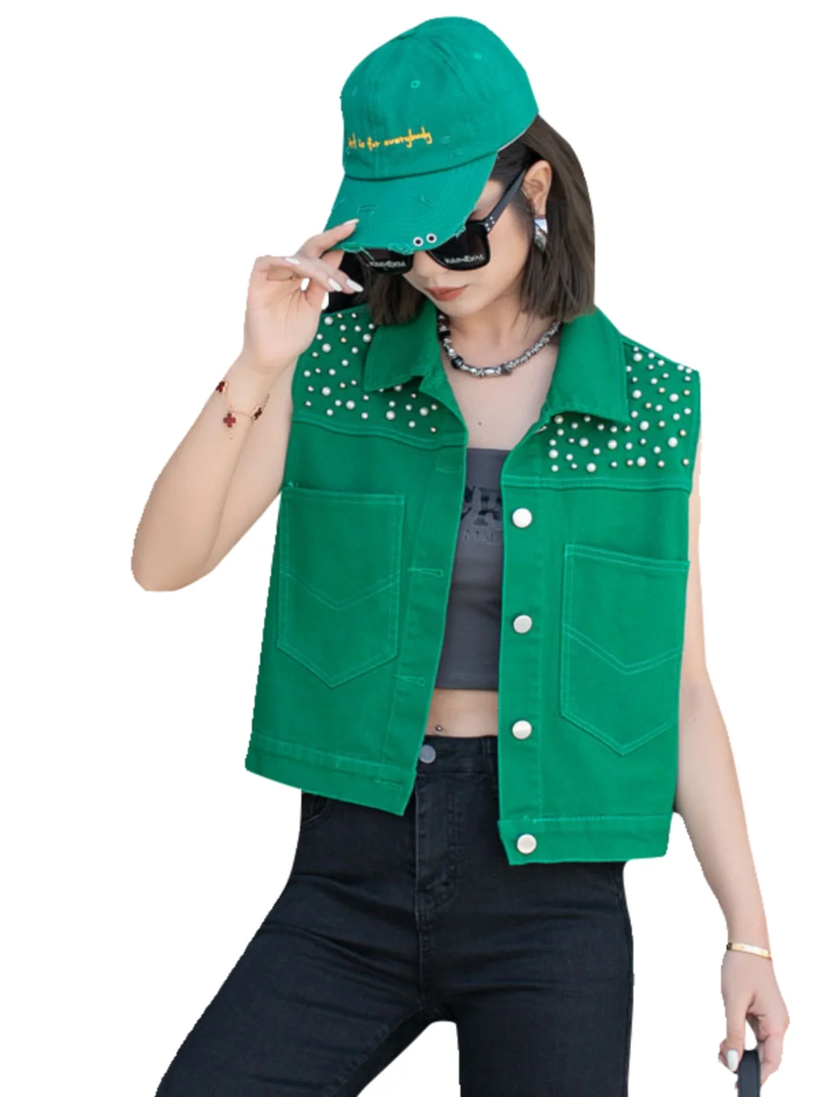 Wiosenno-jesienna koreańska, swobodna, wytrzymała kamizelka dżinsowa z ozdobnymi serduszkami, top damski, zdobiona diamentami.