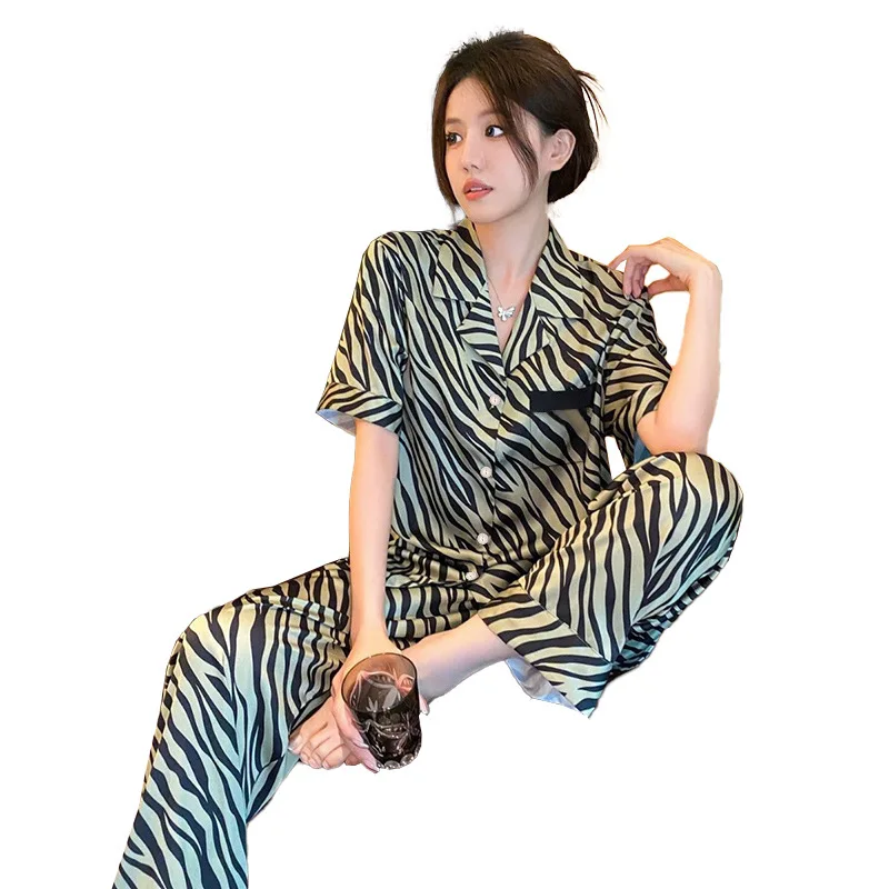 Women Pajamas Set Zebra Striped Sleepwear 2 Piece Pyjama Faux Silk Satin Homewear Short Sleeve Button Pijama Lounge Pants Pjs