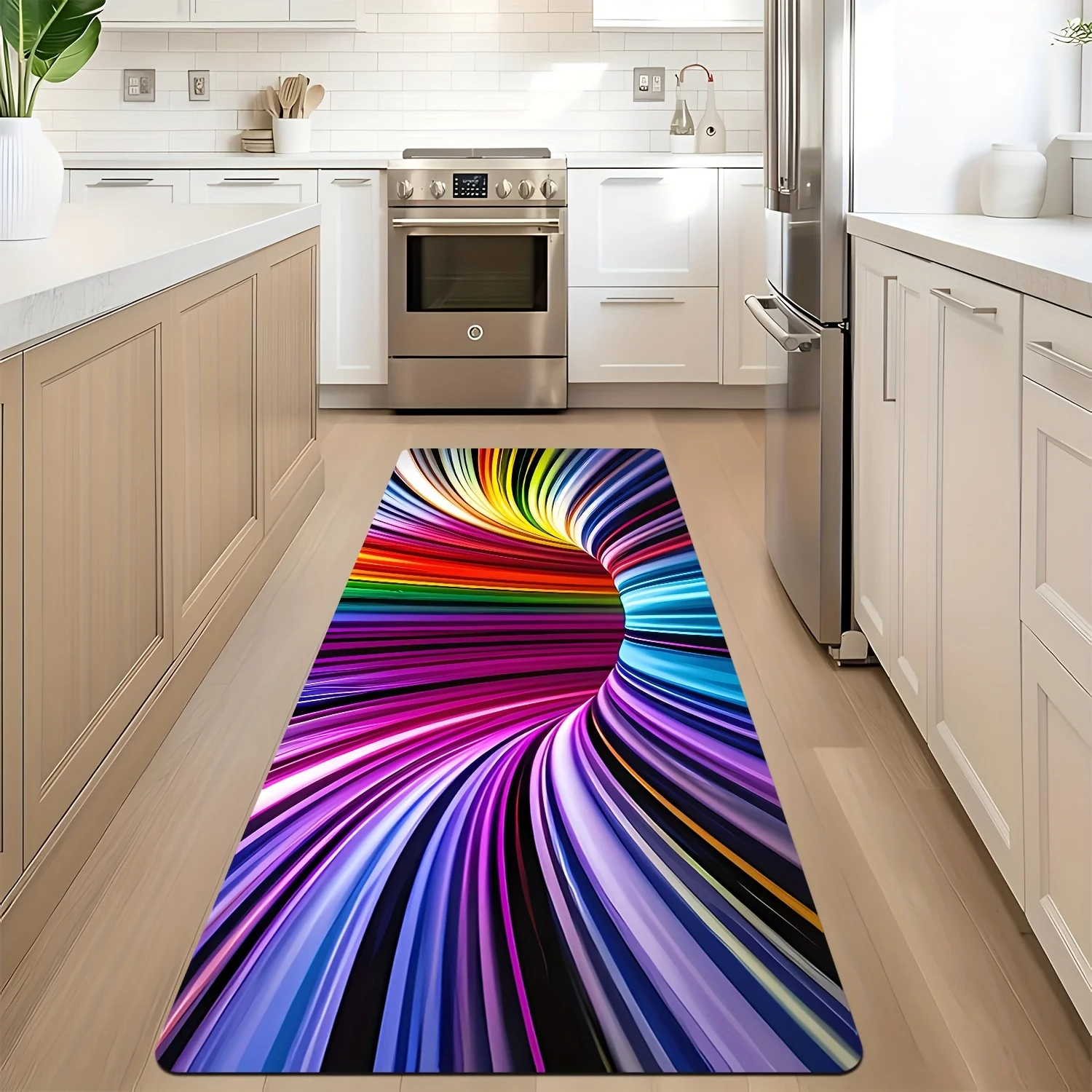 3D Colorful Swirl Vortex Print Diatomaceous Earth Kitchen Mat, Non-Slip Oil-Proof Waterproof Stain Resistant Long Floor Rug