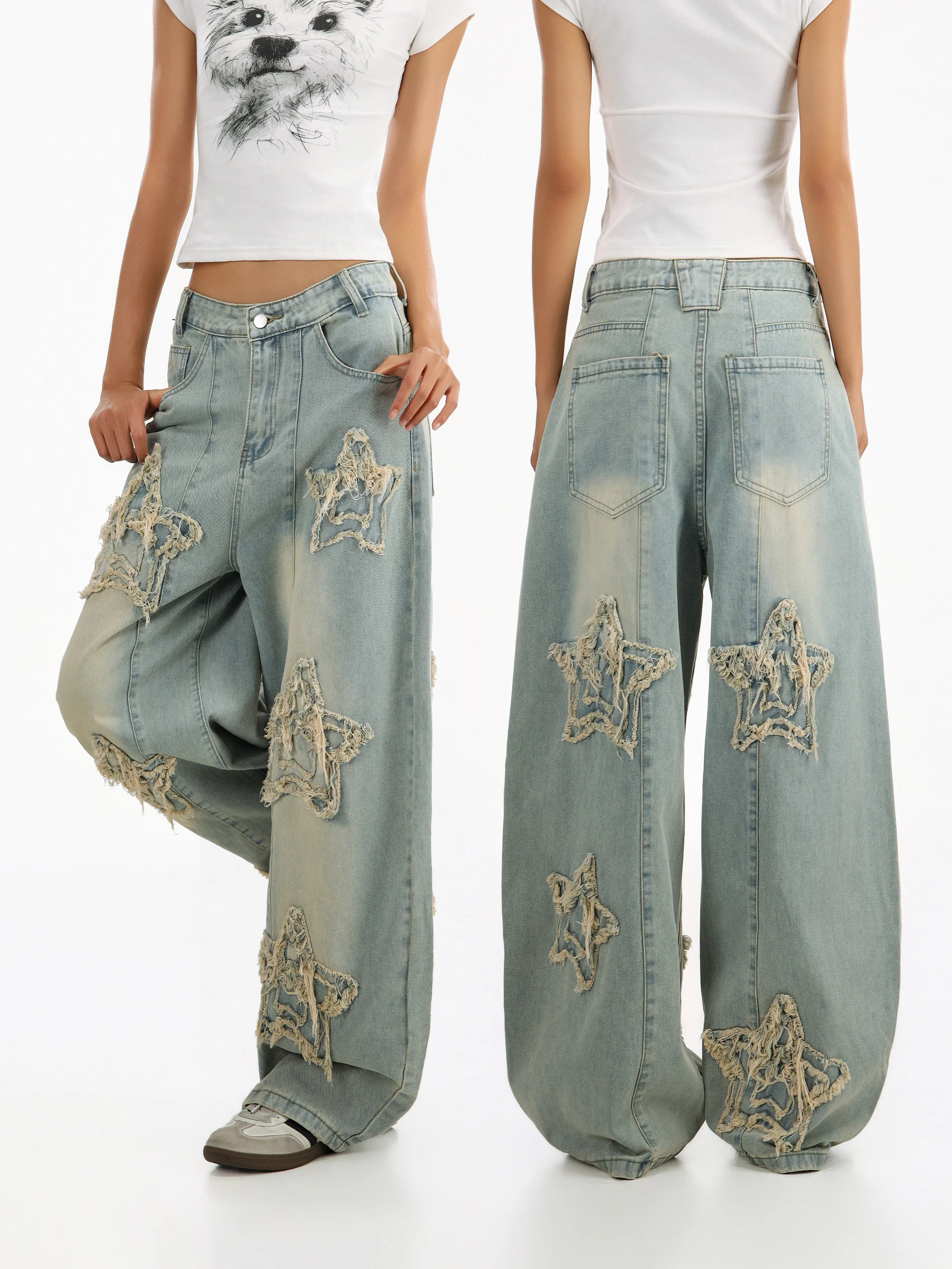 

Millennial Hot Girl Style Light Bleach Denim Jeans Women's Low Waist Drape Casual Pants Fringe Star Embroidery Vintage Jeans
