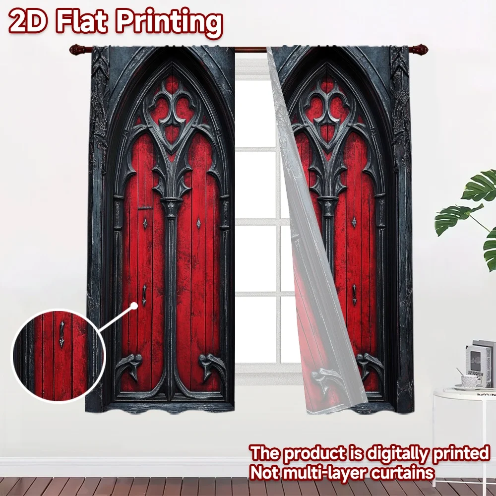 2D flat 2pcs Curtain Country Style Gothic Red Cathedral Doors Durable polyester fiber Party & Holiday Decor Perfect for New Year