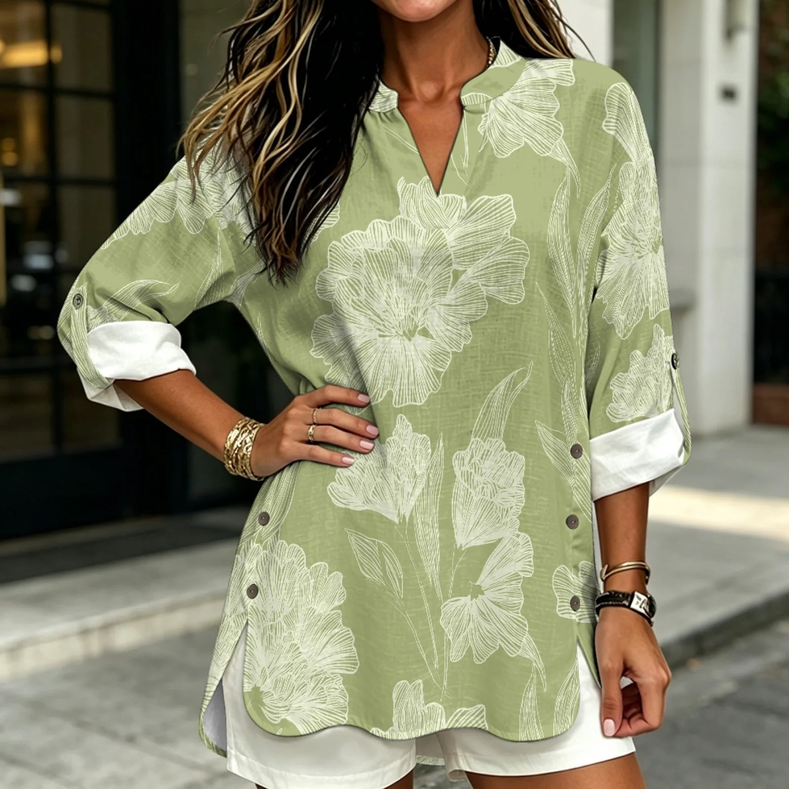 PENSTROLL Oversized Linen Like Loose Fit Blouses Trendy Women's Long Sleeve Tops for Beach Walks Line Art Floral