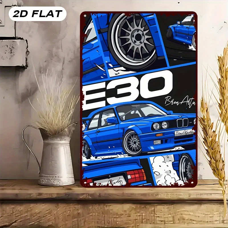 2D Flat, Piece Blue E30 Modified Car Decorative Artwork, Suitable for Home Decor in Living Room, Kitchen, Bedroom, Halloween