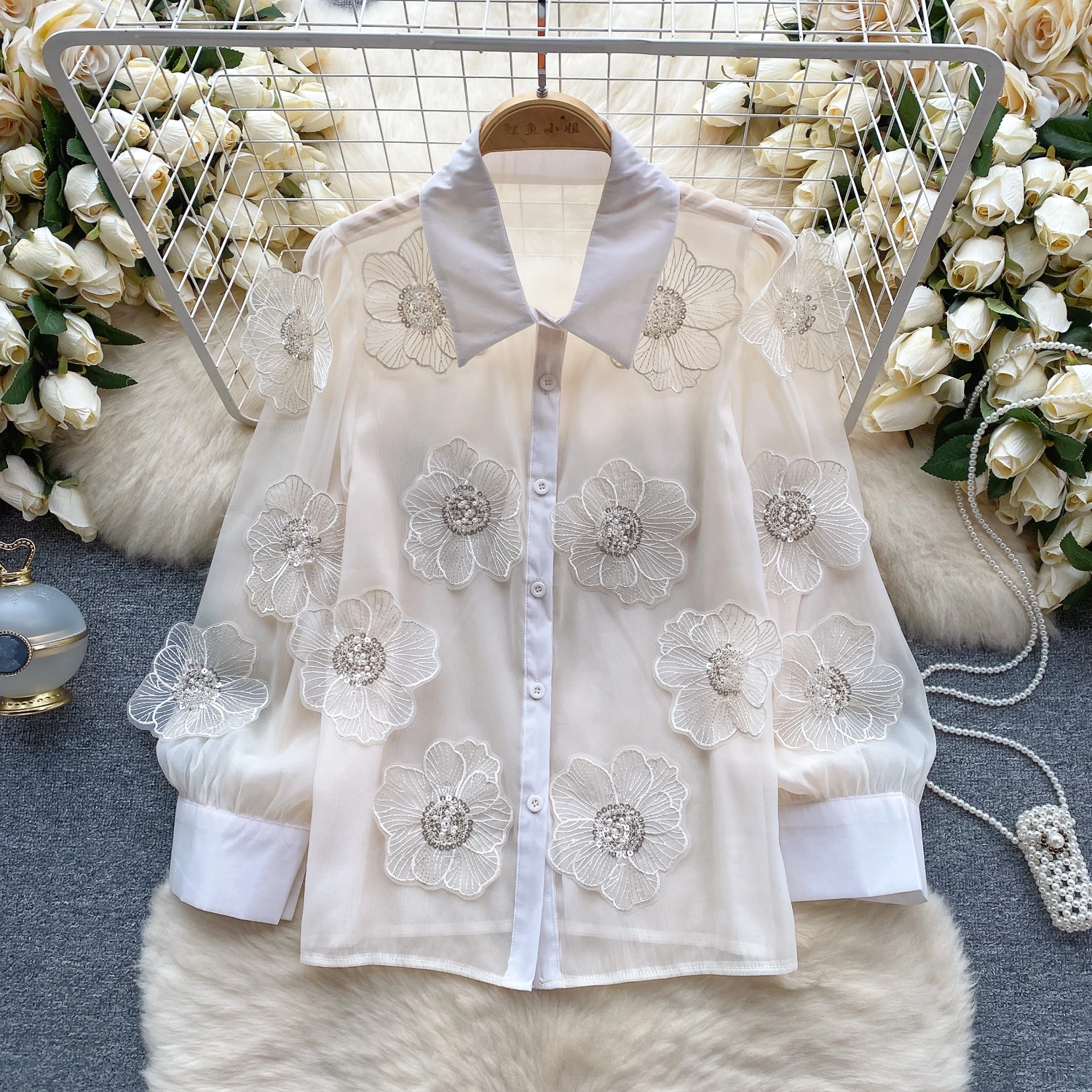 Neploe Heavy Beading Sequin 3D Flower Shirt for Women 2024 Spring New See Through Mesh Blouses Y2k Long Sleeve Blusas Mujer