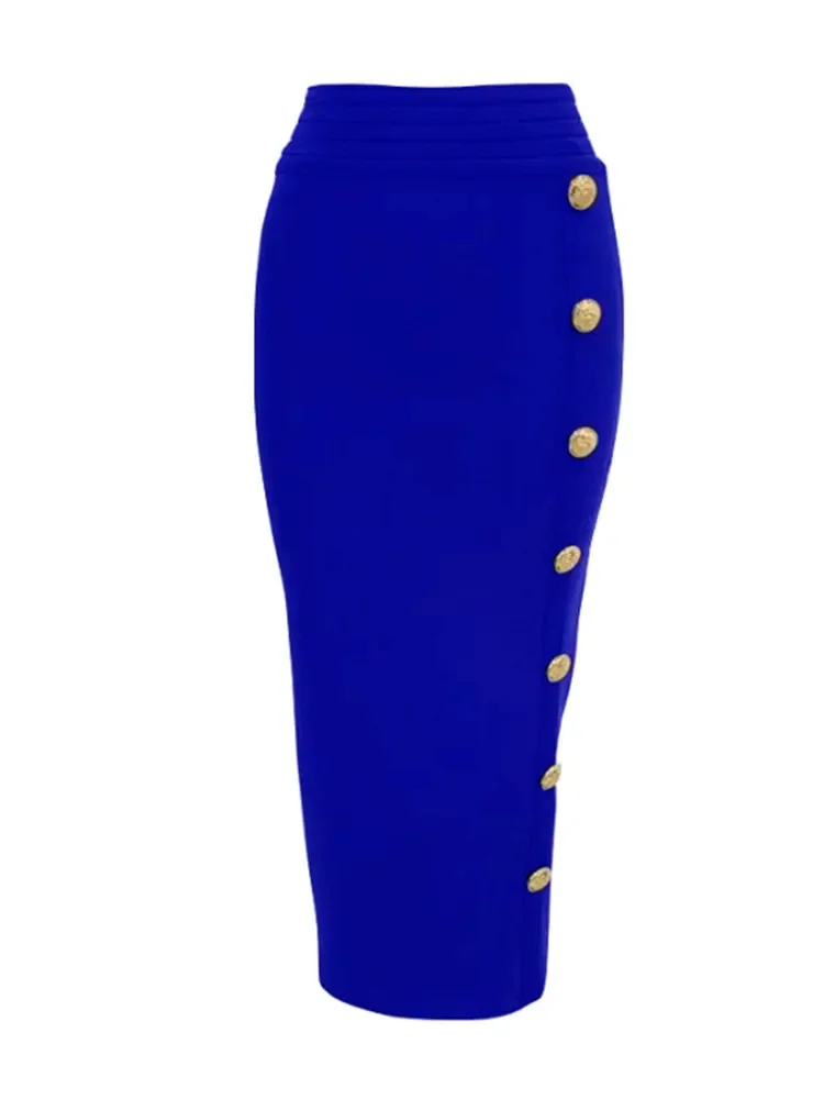 

New Arrival Women Button Black Blue Red Bodycon Bandage Skirt 2024 Designer High Waist High Street Party Club Pencil Skirt 75cm