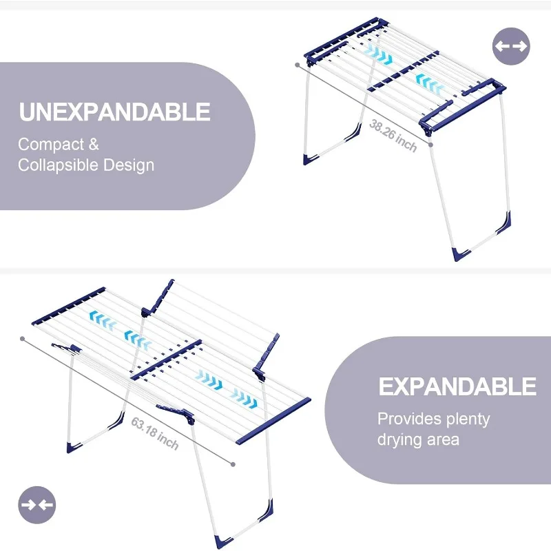 Rak pengeringan pakaian, rak cucian dapat dilipat untuk dalam dan luar ruangan, 10 buah klip dengan tas, Pengering penghemat ruang