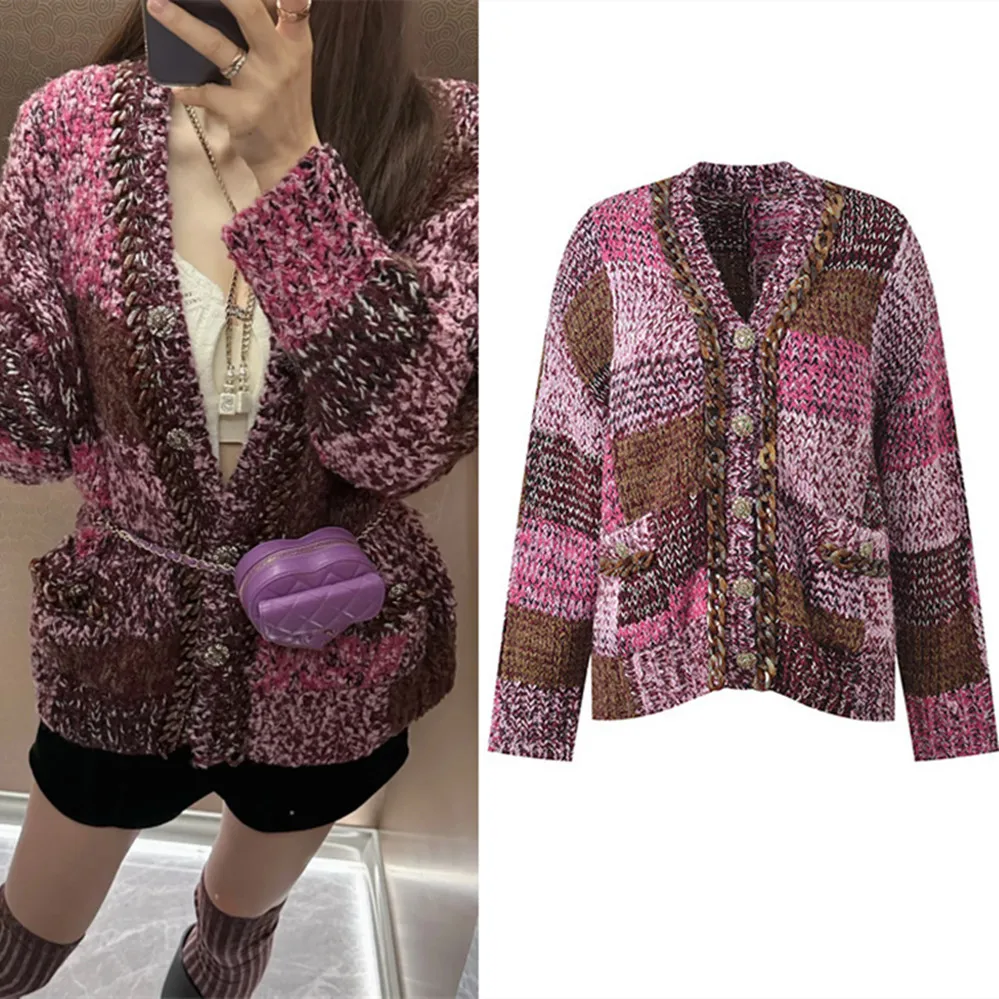 

Элитный вязаный кардиган в европейском стиле для женщин: осенне-зимний, свободный крой, V-образный вырез, роскошный и непринужденный образ