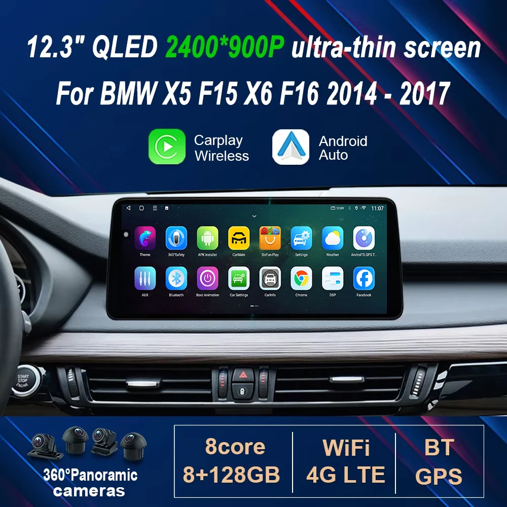 12.3" ultra-thin GPS 4G WIFI Android 14 for BMW X5 F15 X6 F16 2014 - 2017 Car Radio Video Multimedia Player Wireless Carplay