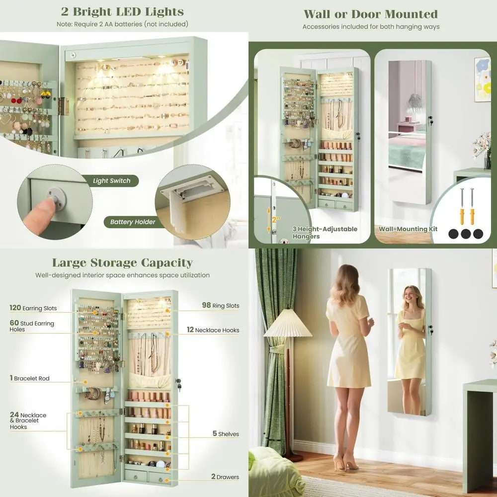 

Запираемый шкаф для ювелирных изделий над дверью с зеркалом в полный рост, светодиодной подсветкой и двумя ящиками, шалфеем