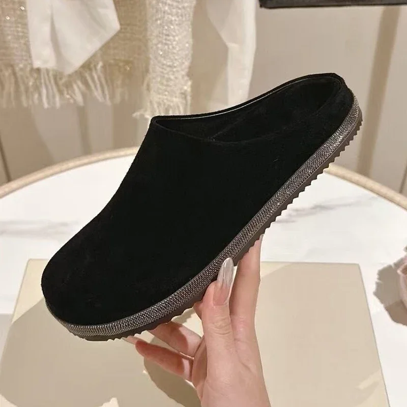 Flat Thick Soled Closed Toe Half Slippers Women Suede Solid Color Retro Beaded Slippers Daily Casual Versatile Mules Lazy Shoes