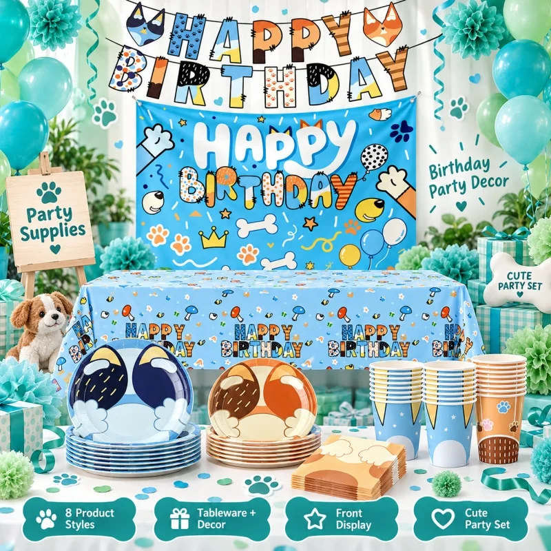 Blue Dog Party Supplies Bundle Disposable Cartoon Tableware Set Bulk Multi Quantity Birthday School Classroom Events Festival