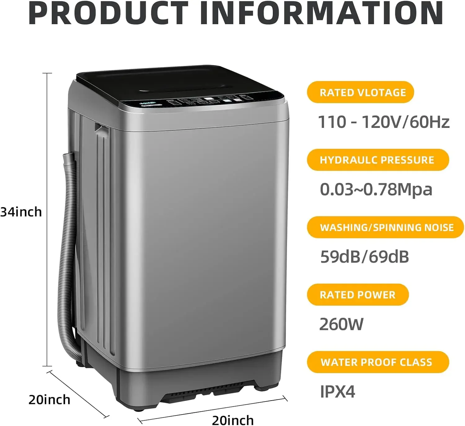 완전 자동 세탁기 다기능 컨트롤패널, 어린이 잠금 장치, 2 in 1, 15.6 lbs 용량, 10 개의 세탁 프로그램