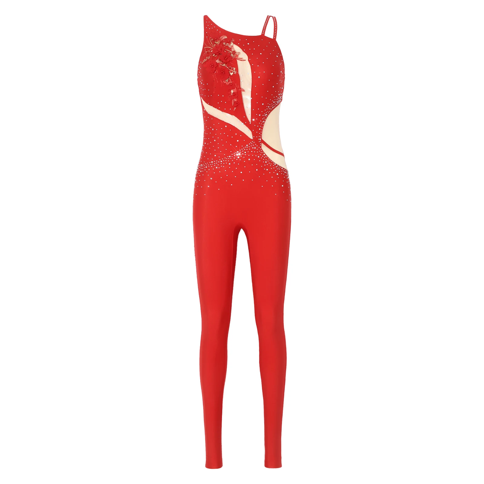 

Womens Ballet Ice Skating Unitard Rhinestone Applique Embroidery Asymmetrical Shoulders Strappy Backless Legging Pants Jumpsuit