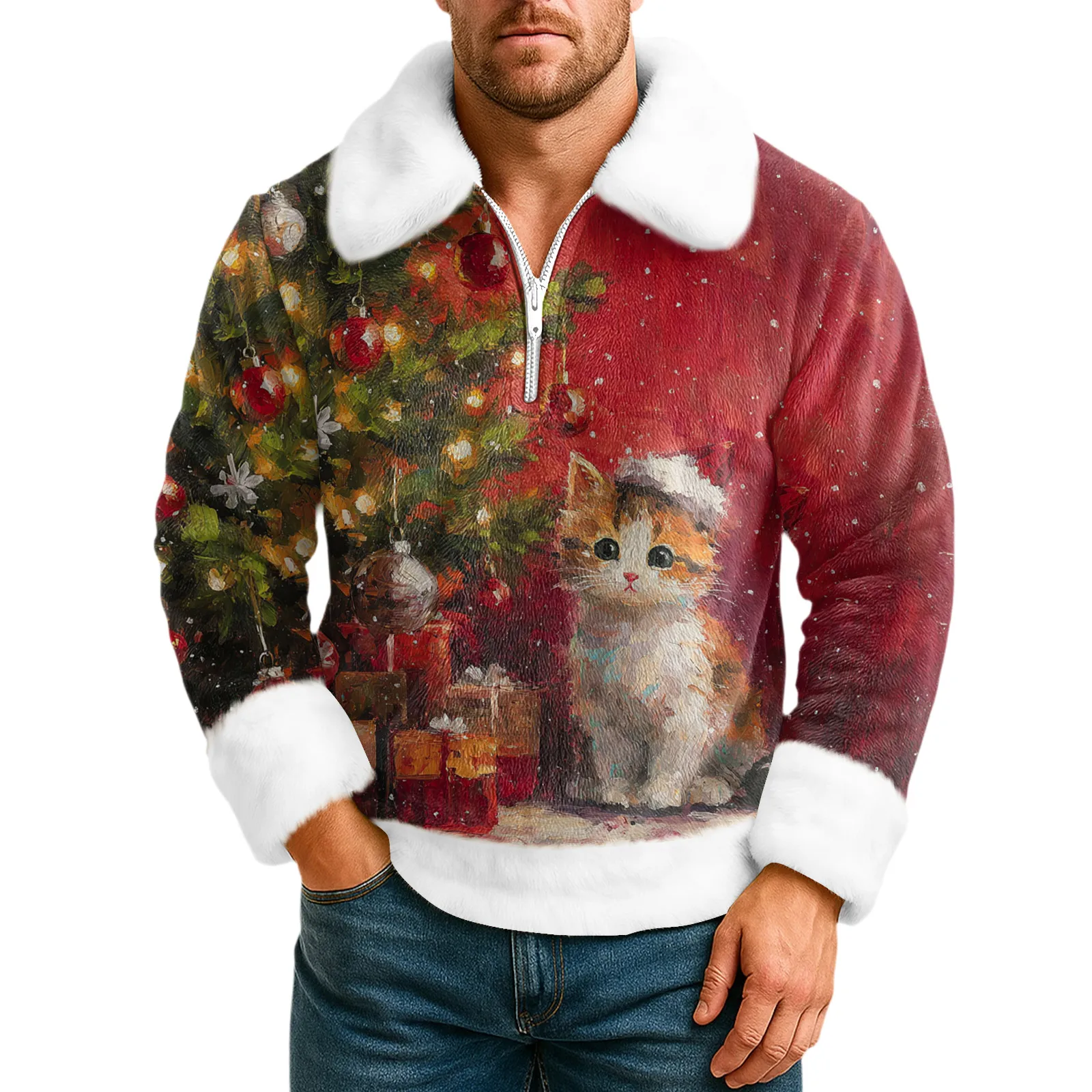 Cartoon Christmas Pattern Hoodie Men'S Long Sleeved Casual Collared Sweatshirt Christmas Party Costumes Navidad