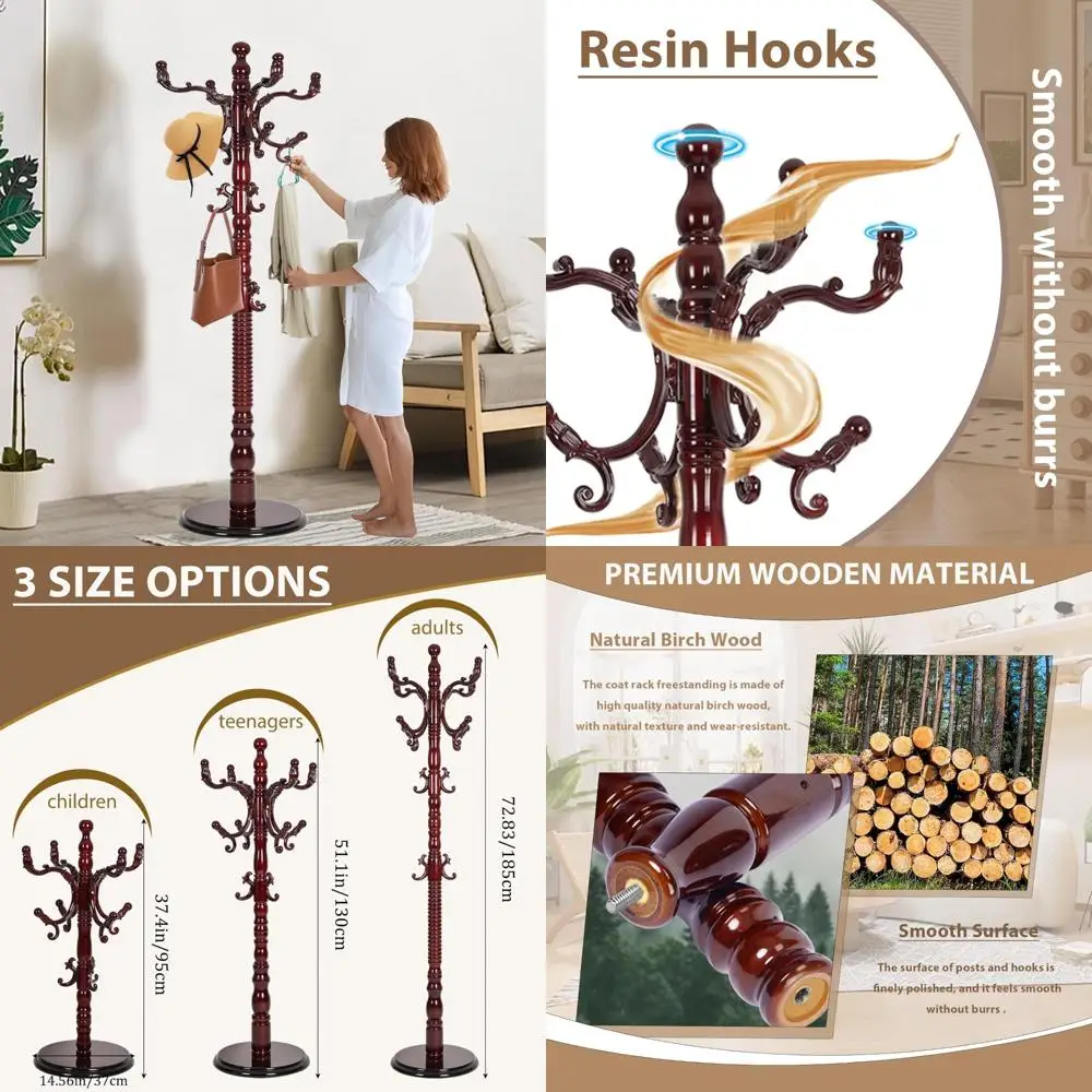 

Freestanding Solid Birch Wood Coat Rack with 14 Hooks and Stable Round Base