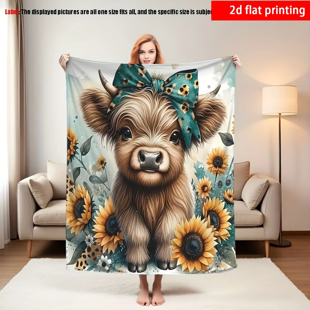 Art Highland Cow Sunflower Throw Blanket Soft Flannel Blanket For Photo Prop Background Use