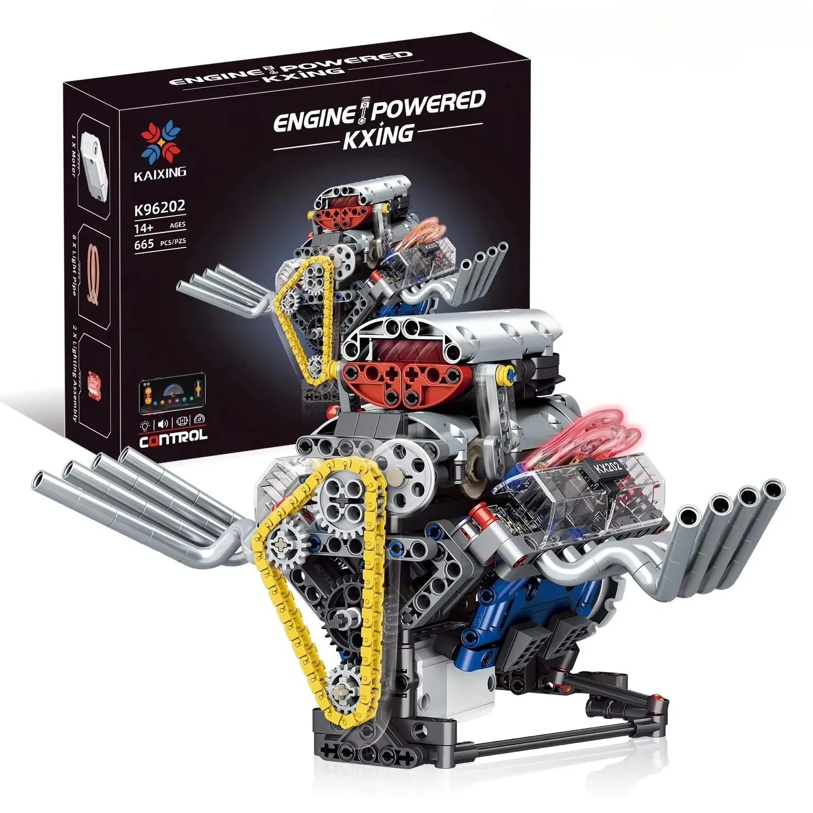 

665 шт. V8 модель двигателя MOC, набор строительных блоков K96202 с программированием через приложение, моторный привод, сделай сам, автозапчасти, игрушечные кирпичи, подарок