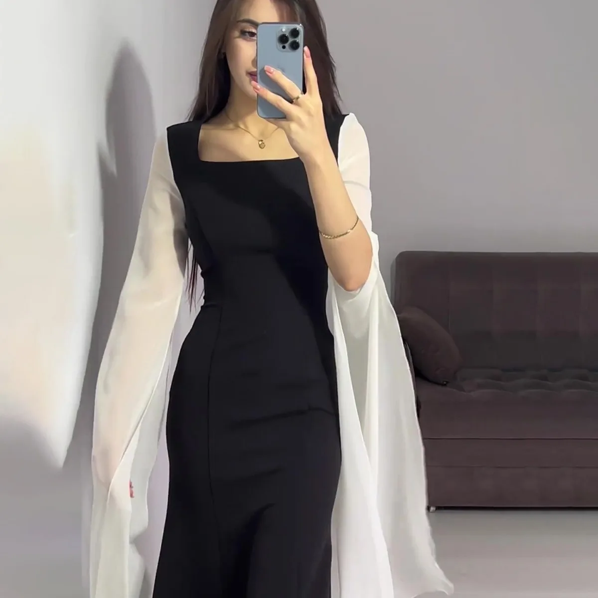 Spring Women Abayas Black and White Patchwork Batwing Sleeve Long Dresses Muslim Casual Square Collar Women Banquet Party Dress