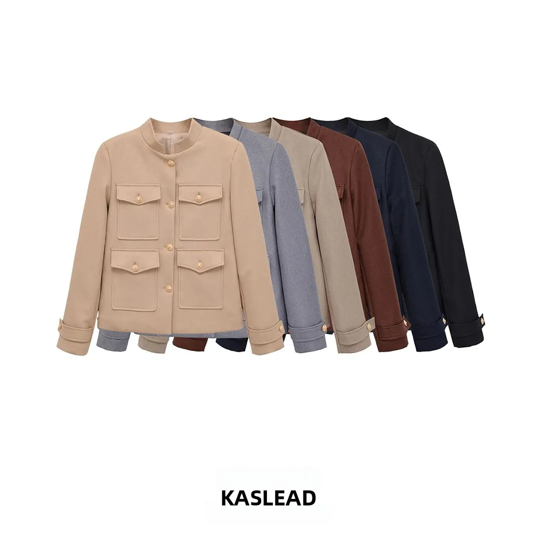 KASLEAD New Women's Fashionable Stand Collar Jacket Multi-Pocket Stylish High-End Feel Short Outerwear Polyester Fiber 100%
