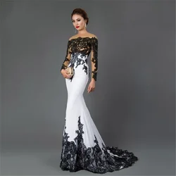 Luxurious Sexy Mermaid Elegant Evening dress Lace off-the-shoulder long sleeve black and white satin plus size PROM party dress