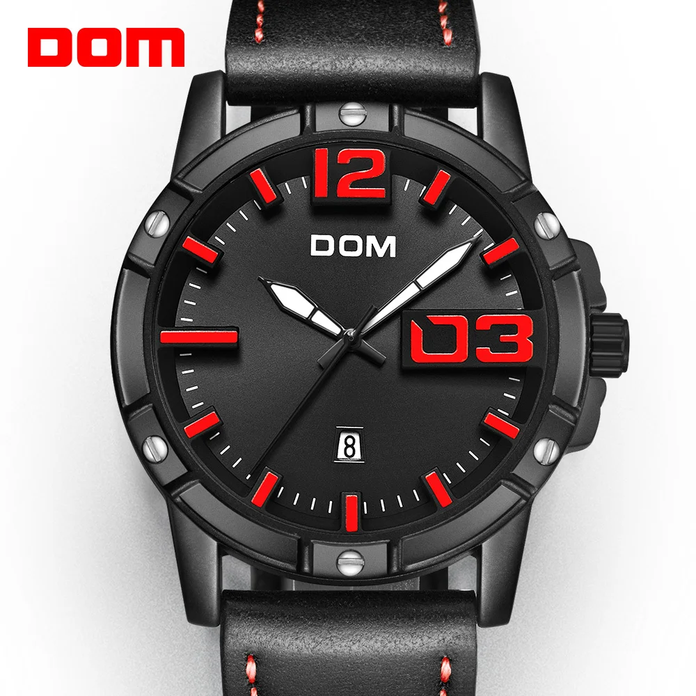 DOM jam tangan olahraga pria, arloji Quartz bisnis kulit tahan air untuk M-1218BL-1M5