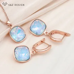 S&Z DESIGN New Fashion 585 Rose Gold Color Square Crystal Dangle Earrings Jewelry Sets For Women Pendant Necklace Gift