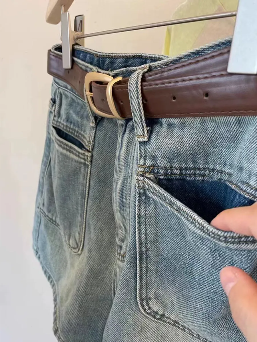 Vintage Casual Denim Shorts Women High Waist Big Pocket Loose Jean Shorts Summer 2026 New Commuting Washed Hot Pants