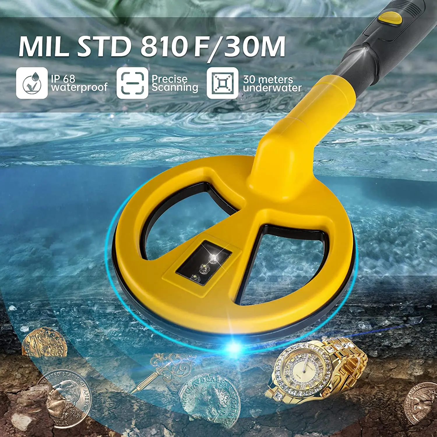 Underwater Metal Detector Waterproof Pinpointer Diving Snorkeling Handheld Gold Detector Vibration LED Lighting Alarm