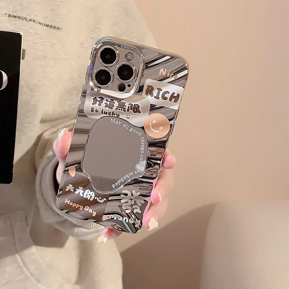 Chinese Character Mirror Case for IPhone 15 Plus Bumpy 13 Pro Max Good Luck 12 Rich 11 Text 14 Creative Makeup Mirror Phone Case