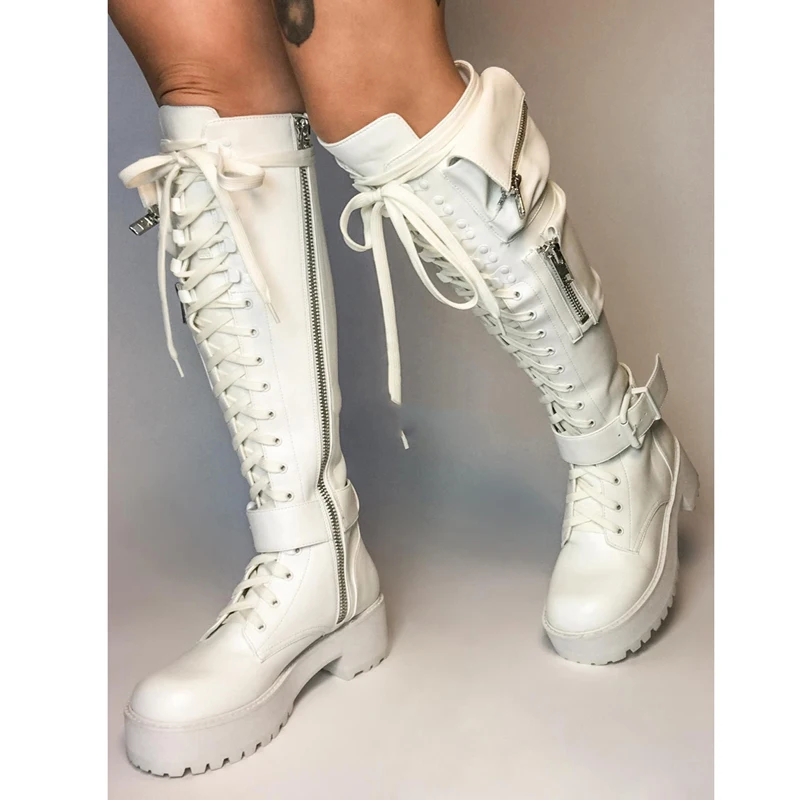 Fashion Pink Leather Side Zipper Pocket Knee Boots Low Square Heels Belt Cross Tie Women Punk Boots platform sole Knight Boots