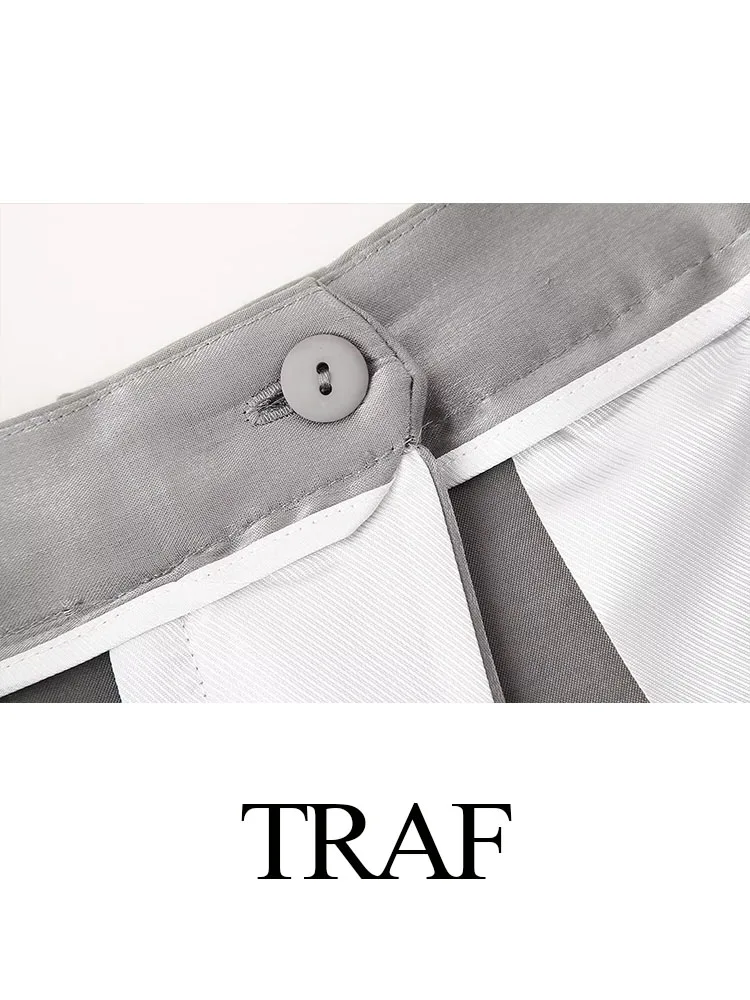 TRAF-Pantalon Surintendant Argenté pour Femme, Taille Haute, Décontracté, Long, Poches, Fermeture Éclair, Chic, Jambes Larges, Nouvelle Mode, Printemps