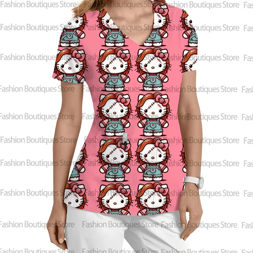 

Уніформа медсестры Hello Kitty 2025, женская модная униформа с короткими рукавами и принтом «Hello Kitty», медицинская униформа для кормления