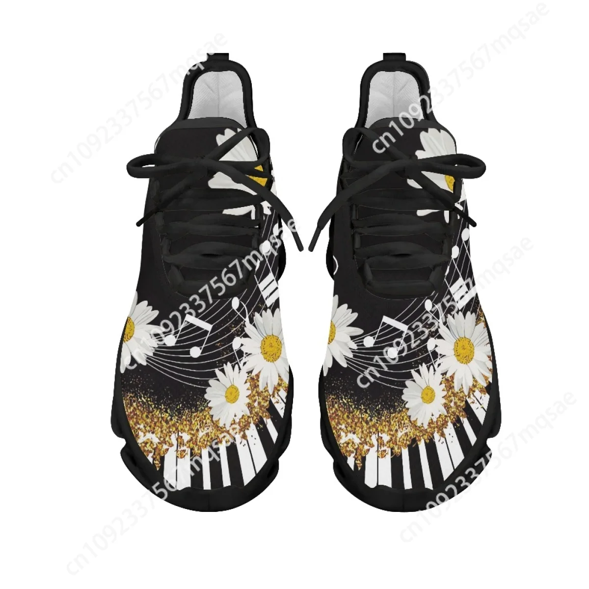 Musical Piano Daisy Printed Ladies Mesh Sneakers Non-Slip Air Cushion Running Shoes for Women Musical Note Design Walking Tennis