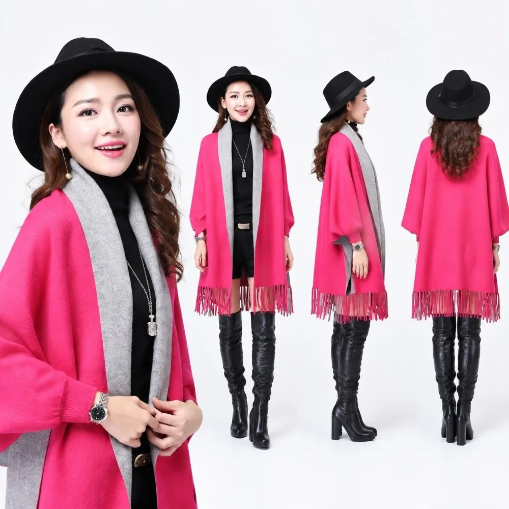 Two Tone Reversible Cape Cardigan Viscose Fiber Solid Color Open Front Poncho Thick Oversized Fit Tassel Knit Cape Casual Outfit