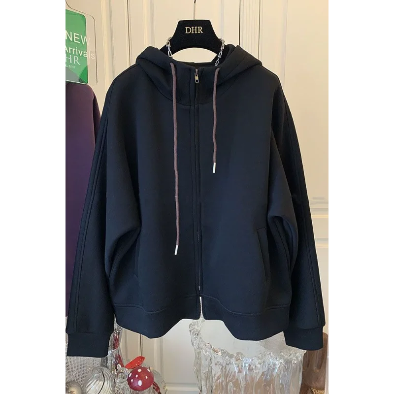 Felpa con cerniera da donna autunno e inverno nuova giacca con cappuccio pigra ampia e versatile in tinta unita alla moda