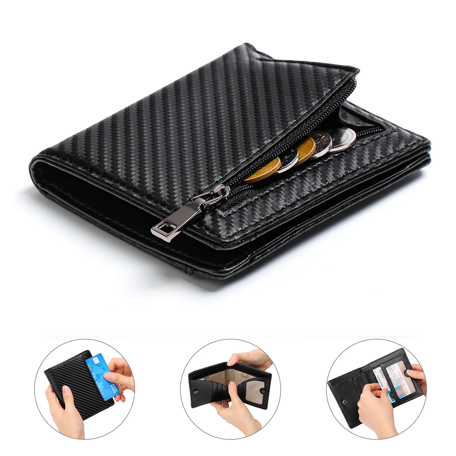 

Carbon Fiber Genuine Leahter Wallet for Men RFID Blocking Anti-theft Mini Purse Men's Wallet Coin Bag ID Credit Card Holder