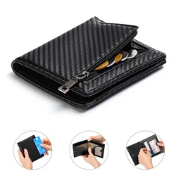 Carbon Fiber Genuine Leahter Wallet for Men RFID Blocking Anti-theft Mini Purse Men's Wallet Coin Bag ID Credit Card Holder