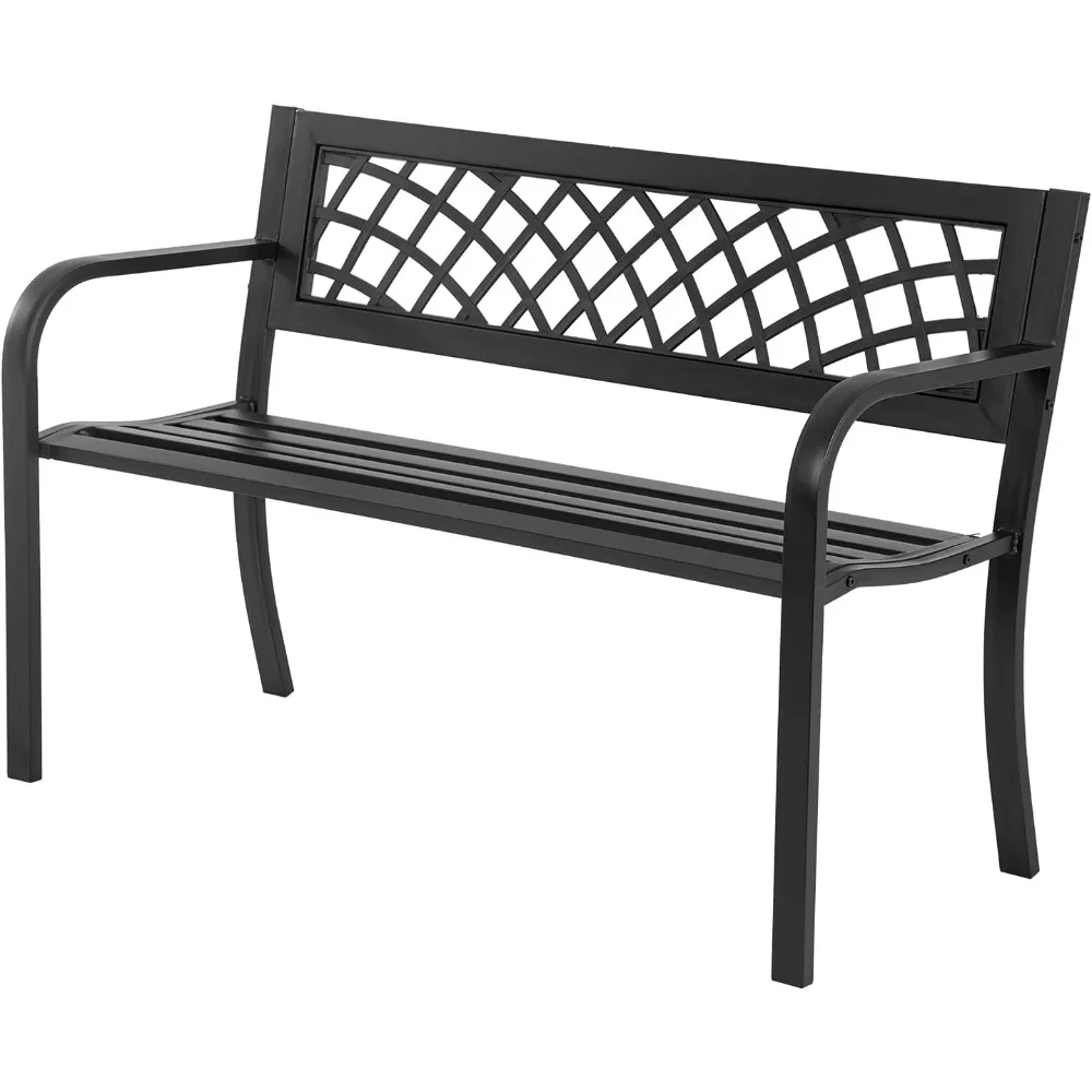 

Garden Bench,Outdoor Benches,Iron Steel Frame Patio Bench with Mesh Pattern and Plastic Backrest Armrests for Lawn Yard Porch Wo